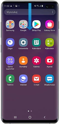 Przeciągnij w dół, aby wyświetlić Panel powiadomień Galaxy S10+