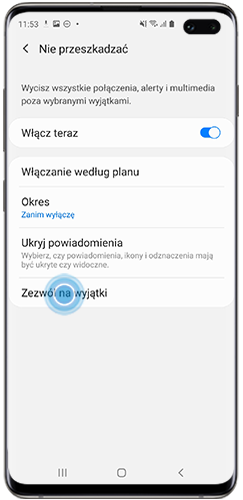 Stuknij „Zezwól na wyjątki” w menu „Nie przeszkadzać„ Galaxy S10+