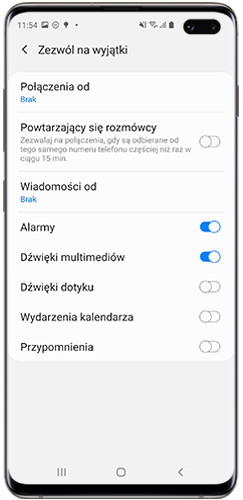 Stuknij suwak, aby aktywować lub dezaktywować wyjątki na Galaxy S10+