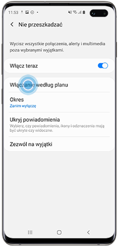 Stuknij „Włączanie według planu”, aby ustawić harmonogram trybu „Nie przeszkadza ć” na Galaxy S10+