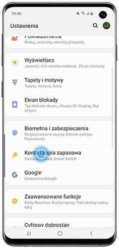Dotknij żeby przejść do menu Konta i kopia zapasowa