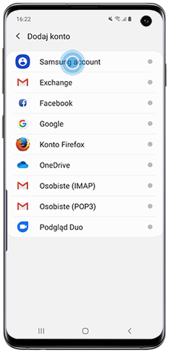 Dotknij, żeby wybrać konto Samsung