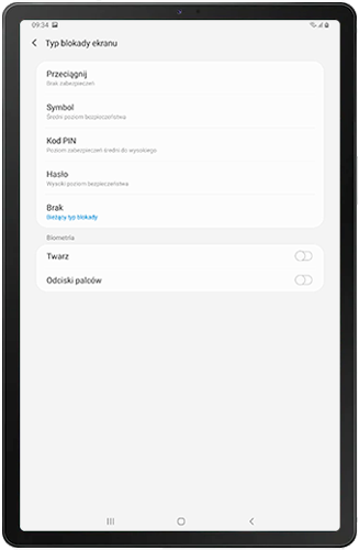 Wybierz typ blokady ekranu na Galaxy Tab
