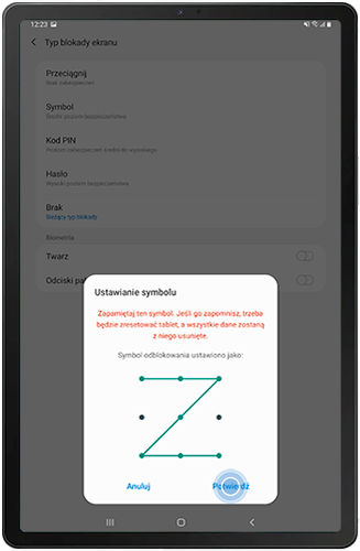 Potwierdź Symbol na Galaxy Tab