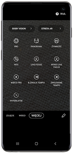 Wybierz tryby aparatu z drugiego menu z One UI 2