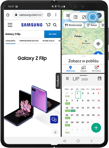 Stuknij X na pasku narzędzi, aby zamknąć aplikację w widoku ekranu dzielonego Galaxy Fold