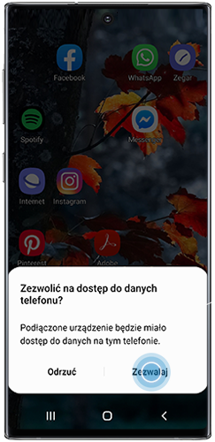 Komunikat wyświetlany na smartfonie, dotyczący możliwości dostępu do danych telefonu