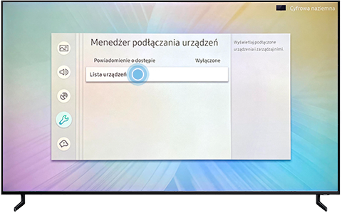„Lista urządzeń” w „Menedżer łączności z urządzeniami” na telewizorze smart Samsung