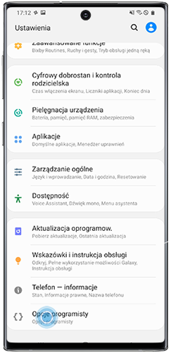 Stuknij menu „Opcje programisty” Galaxy S10