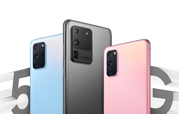 Najważniejsze elementy graficzne serii smartfonów Samsung Galaxy S20: Samsung Galaxy S20 Cloud Blue, Samsung Galaxy S20 Ultra Cosmic Grey, Samsung Galaxy S20 Cloud Pink.