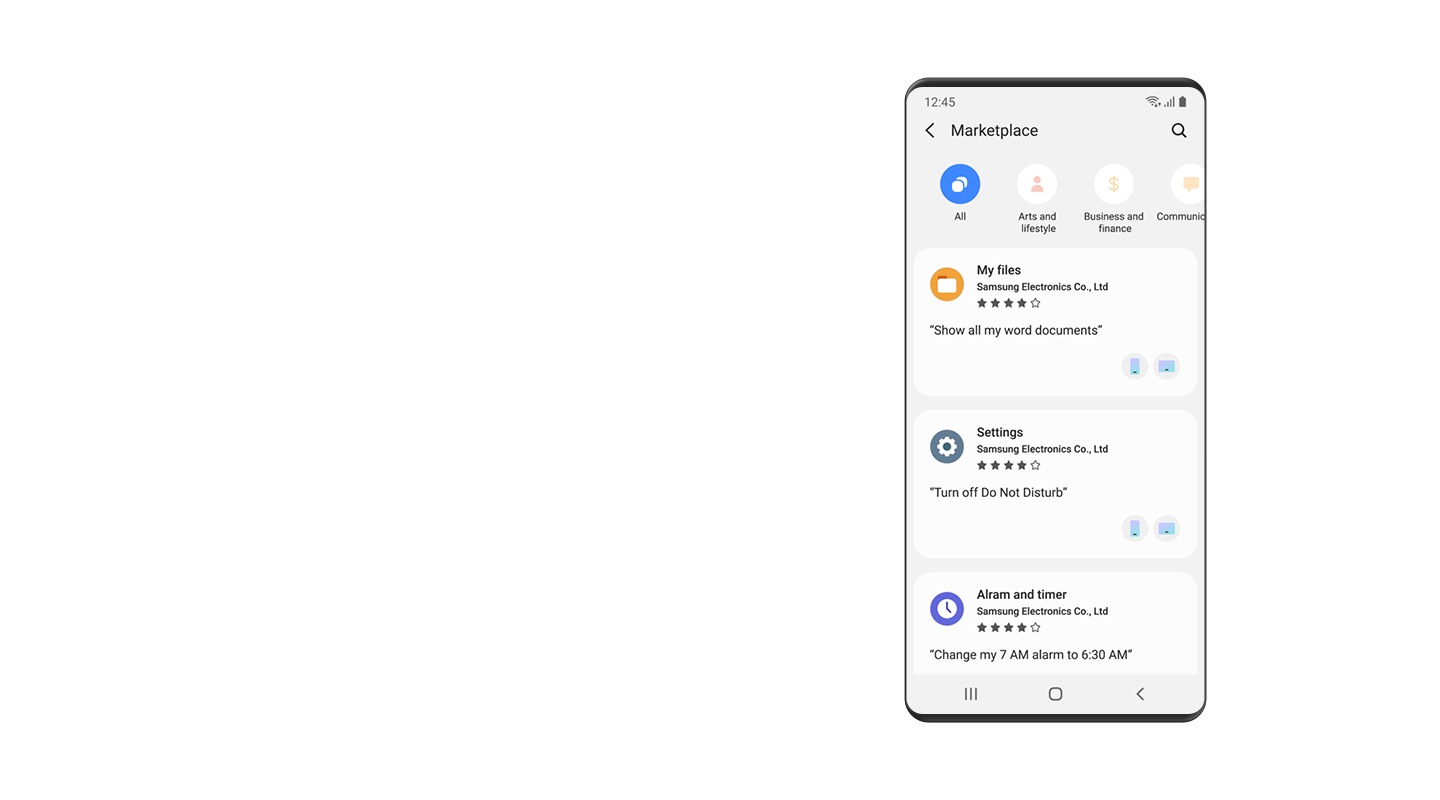 شاشة جهاز Galaxy تعرض 3 خدمات (يُطلق عليها أيضًا كبسولات) خاصة بمتجر Bixby Marketplace، وتظهر أيضًا بعض الأوامر المقترحة لكلٍّ من “ملفاتي” و”الإعدادات” و”المنبه”، بالإضافة إلى تطبيقات المؤقت.