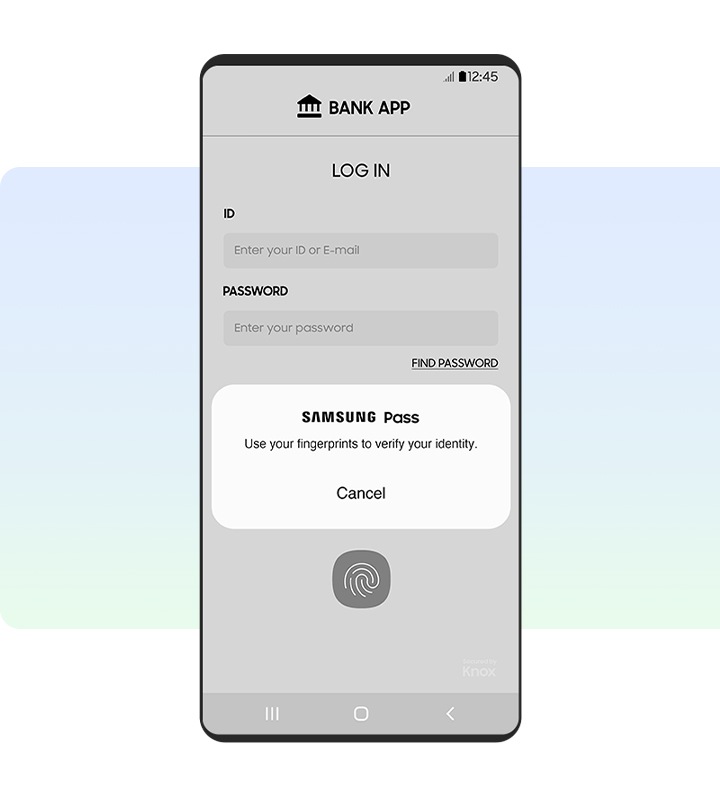لقطة شاشة لرسالة منبثقة من تطبيق Samsung Pass تطلب المصادقة عبر بصمة الإصبع لتسجيل الدخول إلى تطبيق خاص بالبنوك.