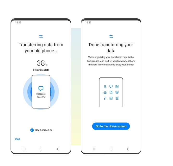 قسم Transfer (النقل) في واجهة Smart Switch مُحاكى على جهاز Galaxy. تُظهِر واجهة المستخدم الرسومية على اليسار أنه جارِ نقل البيانات باستخدام تطبيق Smart Switch، مع توضيح النسبة المئوية لتقدم النقل، وعدد الدقائق المتبقية. وتُظهِر واجهة المستخدم الرسومية الأخرى على اليمين عملية نقل البيانات المكتملة.