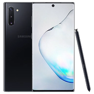 هاتف Galaxy Note10 بلون أسود أورا من الأمام والخلف.