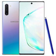 هاتف Galaxy Note10 بلون فضي أورا من الأمام والخلف.