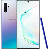 هاتف +Galaxy Note10 بلون فضي أورا من الأمام والخلف.