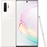 هاتف +Galaxy Note10 بلون أبيض أورا من الأمام والخلف.