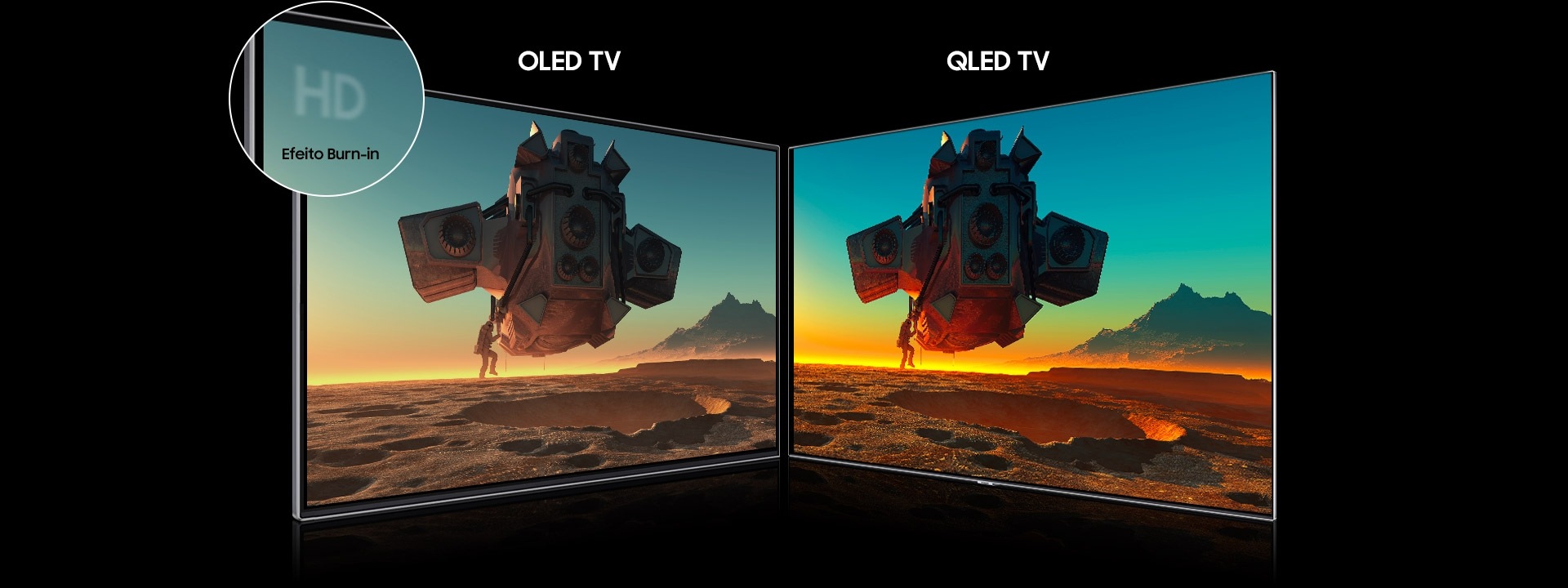 On the left is an OLED TV and on the right a QLED TV, both showing the same image of a spaceship. The HD logo on the left OLED TV looks blurred due to screen burn-in.