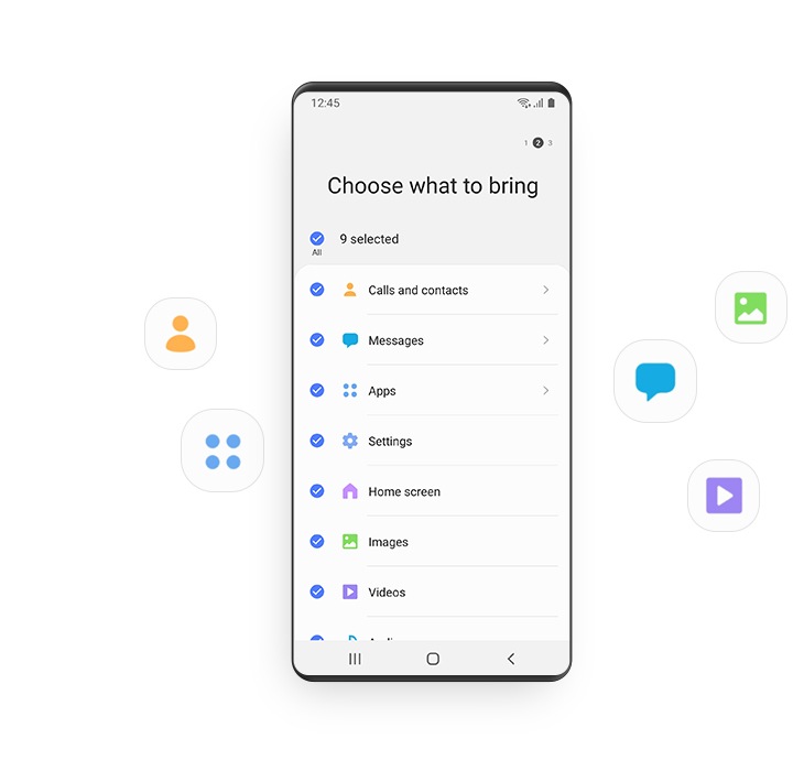 Uma GUI Galaxy mostra várias categorias de conteúdos que podem ser selecionadas ou desselecionados para transferência, rodeados de ícones.