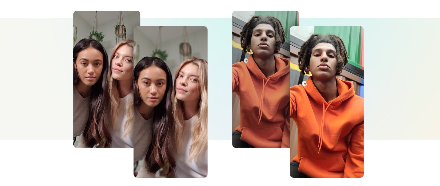 Duas séries de fotos “antes e depois” demonstram as funcionalidades da app da Câmara do Galaxy: Foco exterior para o Modo Retrato e Cores Vibrantes para Selfies.