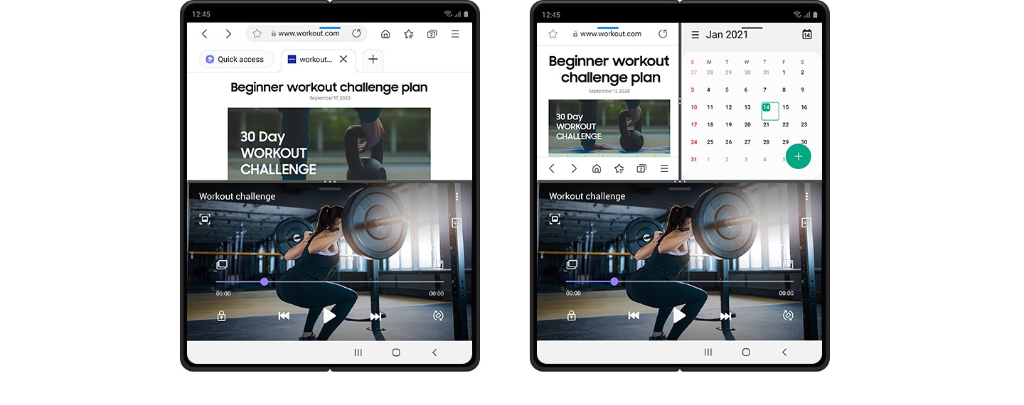 Dois dispositivos Galaxy Z Fold2 apresentam a funcionalidade multitarefas, com ecrãs divididos de dois e três canais, exibindo um vídeo de exercício físico e um plano.