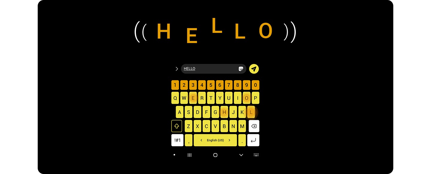 A app de mensagens do Galaxy mostra um teclado amarelo de alto contraste num ecrã preto. A palavra "Hello" aparece acima do teclado.
