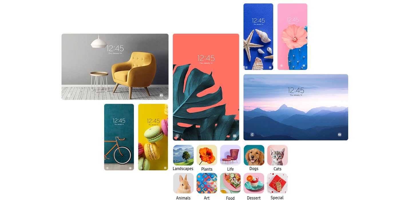 Vários ecrãs de bloqueio do dispositivo Galaxy mostram imagens diferentes de temas diferentes, com ícones que mostram as categorias de imagens.