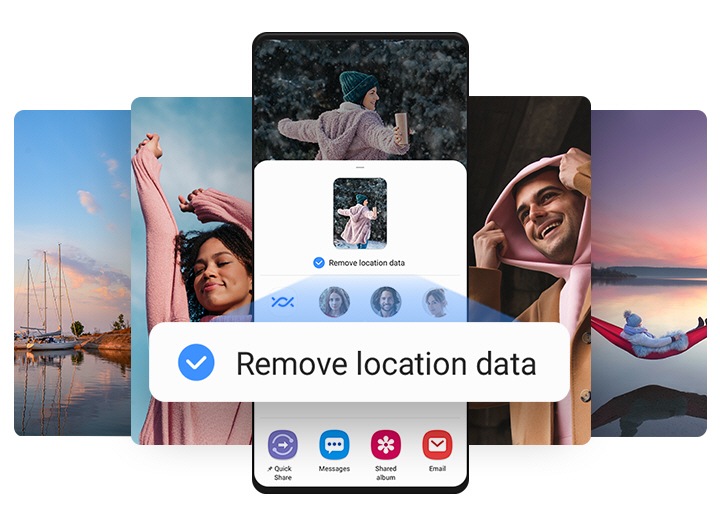 Um ecrã Galaxy com múltiplas fotos organizadas ao seu lado mostra o processo de carregar uma foto usando o Private Share, que lhe dá a opção "Remover dados de localização". A opção está selecionada.
