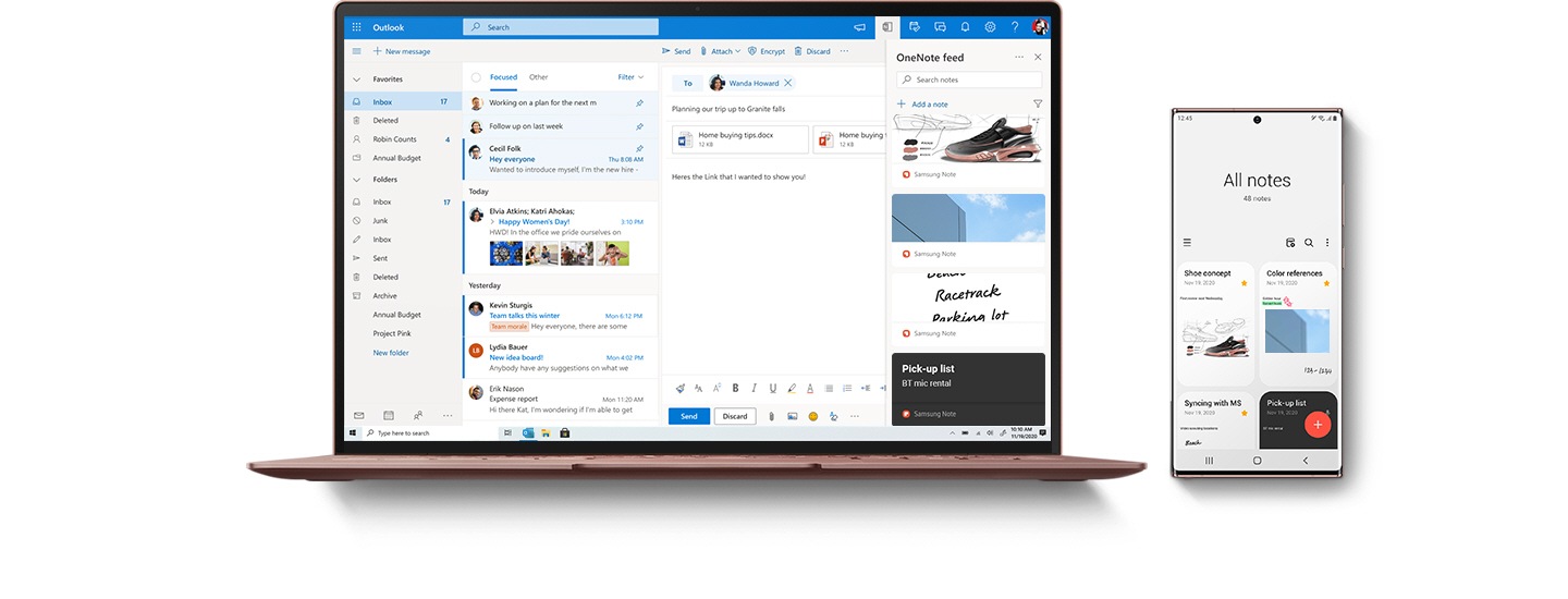 Um portátil está à esquerda com a aplicação Outlook aberta. À direita, um smartphone Galaxy tem a aplicação Notes aberta. O separador "OneNote Feed" na aplicação Outlook mostra que as aplicações OneNote e Notes estão sincronizadas e os dados entre os dois dispositivos são facilmente acessíveis.