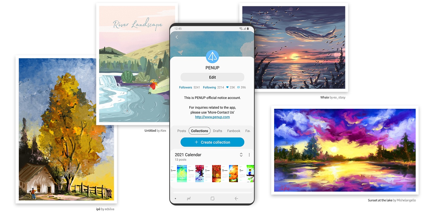 Smartphone a exibir a categoria "Coleções" PENUP. Quatro obras de arte - Ipé por edsilva, Sem Título por Alex, Baleia por ea_stasy e Pôr do Sol no Lago por Mishelangello - são mostradas em redor do smartphone.
