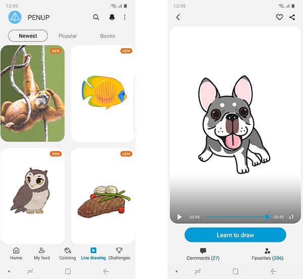 São apresentados dois ecrãs de smartphones. Um ecrã apresenta o menu "Desenho ao vivo" com um orangotango, peixe, coruja e bife com legumes apresentados na categoria "Mais recentes". A outra tela exibe um vídeo "Desenho ao vivo" sobre como desenhar um cão.