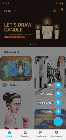 A página inicial da aplicação PENUP é apresentada com o botão de ação flutuante aberto. Os botões "Rascunhos", "Da Galeria", "Desenho fotográfico" e "Desenho" são apresentados verticalmente por cima do botão de ação flutuante.