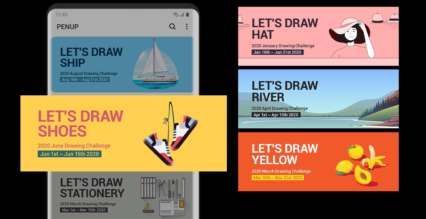 O smartphone está a exibir o menu Desafio PENUP. Um banner de desafio para os sapatos é mostrado à frente do ecrã do smartphone. São mostrados três banners de desafio adicionais para chapéus, rios e objetos amarelos na lateral do smartphone.