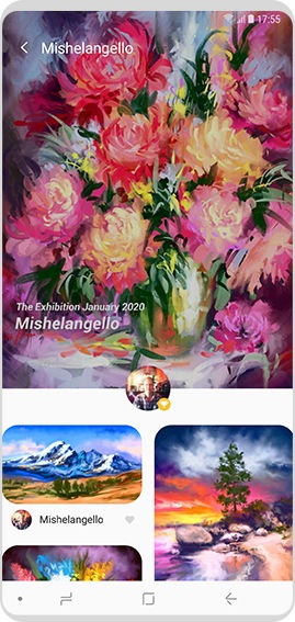 São apresentadas flores no vaso, na paisagem montanhosa e numa árvore perto de desenhos de paisagens de rios.