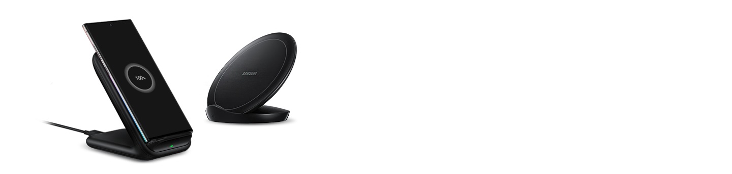 Carregador sem Fios em Pé em Preto com um smartphone Galaxy a carregar e um Carregador sem Fios conversível em Preto