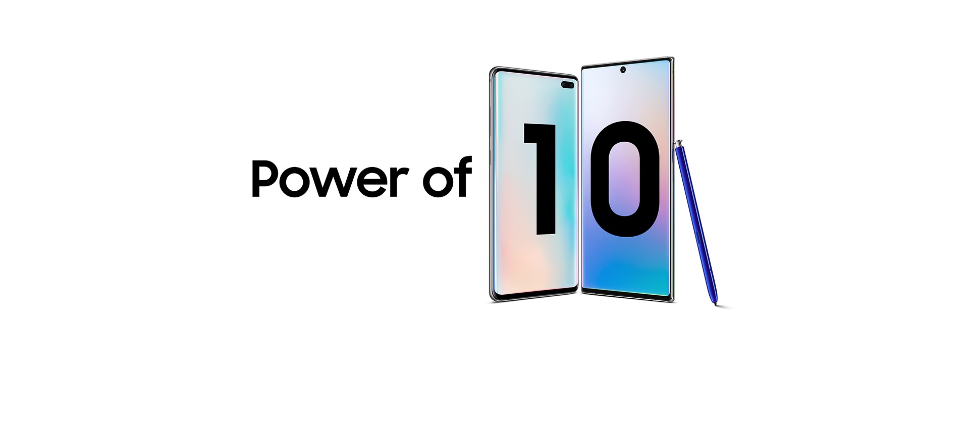 Galaxy S10 plus e Galaxy Note10 plus com S Pen azul encostada no Galaxy Note10 plus. Ambos os telefones têm um papel de parede gradiente no ecrã.