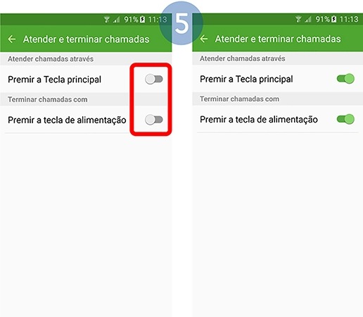 Ative as funções desejadas: Atender chamadas com a Tecla principal e/ou terminar chamadas com a tecla de alimentação