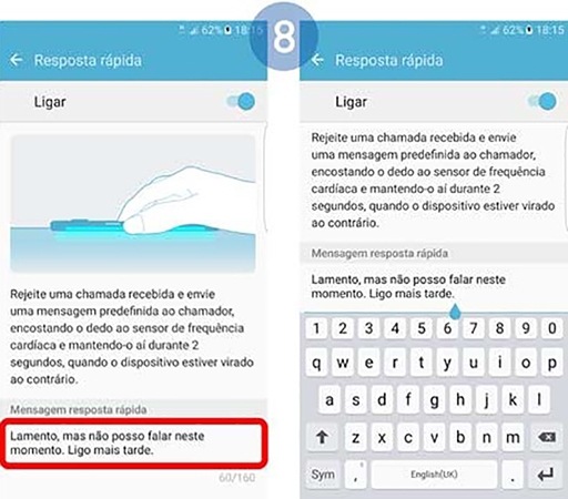 Para editar a mensagem de rejeição padrão, toque na mensagem de texto por baixo de Mensagem resposta rápida