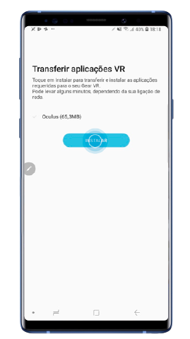 Confirme que pretende Transferir aplicações VR premindo em Instalar