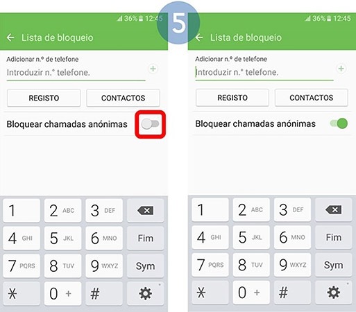 Toque no interruptor Bloquear chamadas anónimas para ativar a funcionalidade