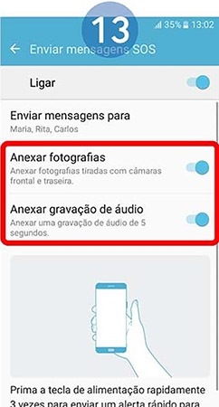 Para enviar mensagens de ajuda com gravacoes de audio ou fotografias, toque no interruptor Anexar gravacao de áudio e ou Anexar fotografias