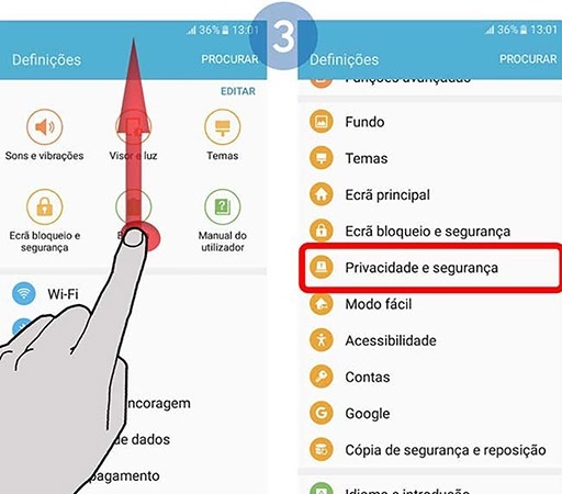 Percorra e toque em Privacidade e seguranca
