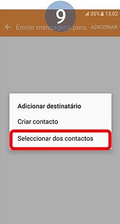 Podera adicionar um destinatario, criando um contacto ou selecionando diretamente dos contactos salvos no dispositivo. Para tal selecione Selecionar dos contactos