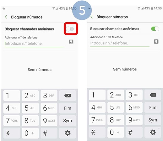 Toque no interruptor Bloquear chamadas anónimas para ativar a funcionalidade