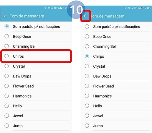 Selecione um tom de mensagem e retroceda
