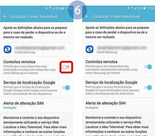 Toque no interruptor da função Controlos remotos. Quanto apresentada na cor azul significa que a função se encontra ativada