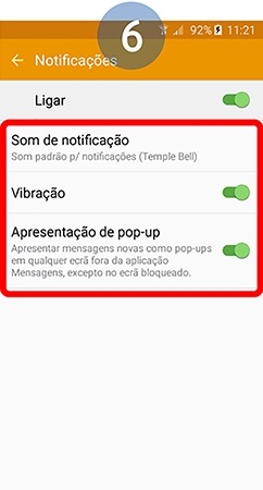Poderá ainda personalizar o tipo de som de notificação e ativar as funções vibração e/ou visualizar as notificações das mensagens recebidas como pop-up