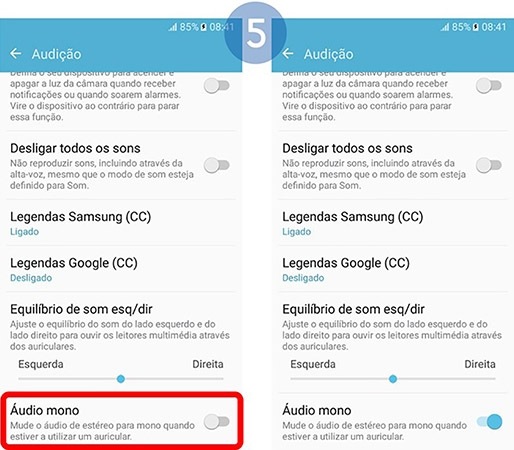 Toque no interruptor em Áudio modo para ativar a saida de áudio mono