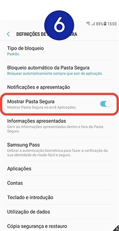 Toque no interruptor ao lado da função Mostrar Pasta Segura para desativar a função