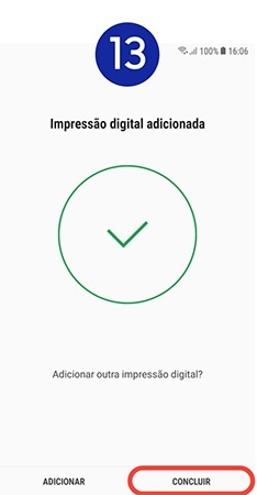Caso pretenda adicionar mais impressões digitais toque em Adicionar. Para continuar sem registar mais impressões toque em Concluir